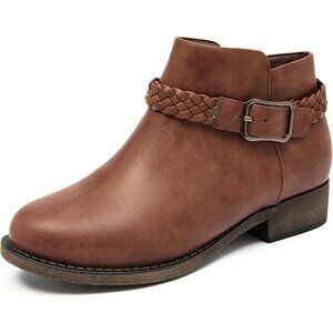 Veittes Women's Brown Comfort Slip On Low Chunky Heel Boot with Buckle Strap